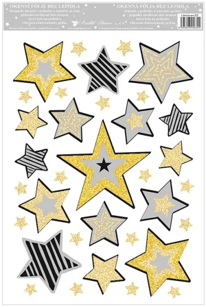 Sticker de iarna pentru geam, stele aurii, cu dungi si colorati, cu sclipici - 20 x 30 cm