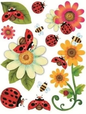 Sticker pentru geam, flori colorate si buburuze, 30 x 38 cm